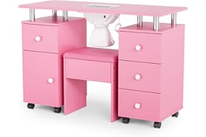 OmySalon Nail Desk and Chair Set, Manicure Table with Dust Collector, Arm Rest, 8 Wheels, Acetone Resistant Desktop, Drawers & Cabinet Storage for Makeup Beauty Salon (Pink)