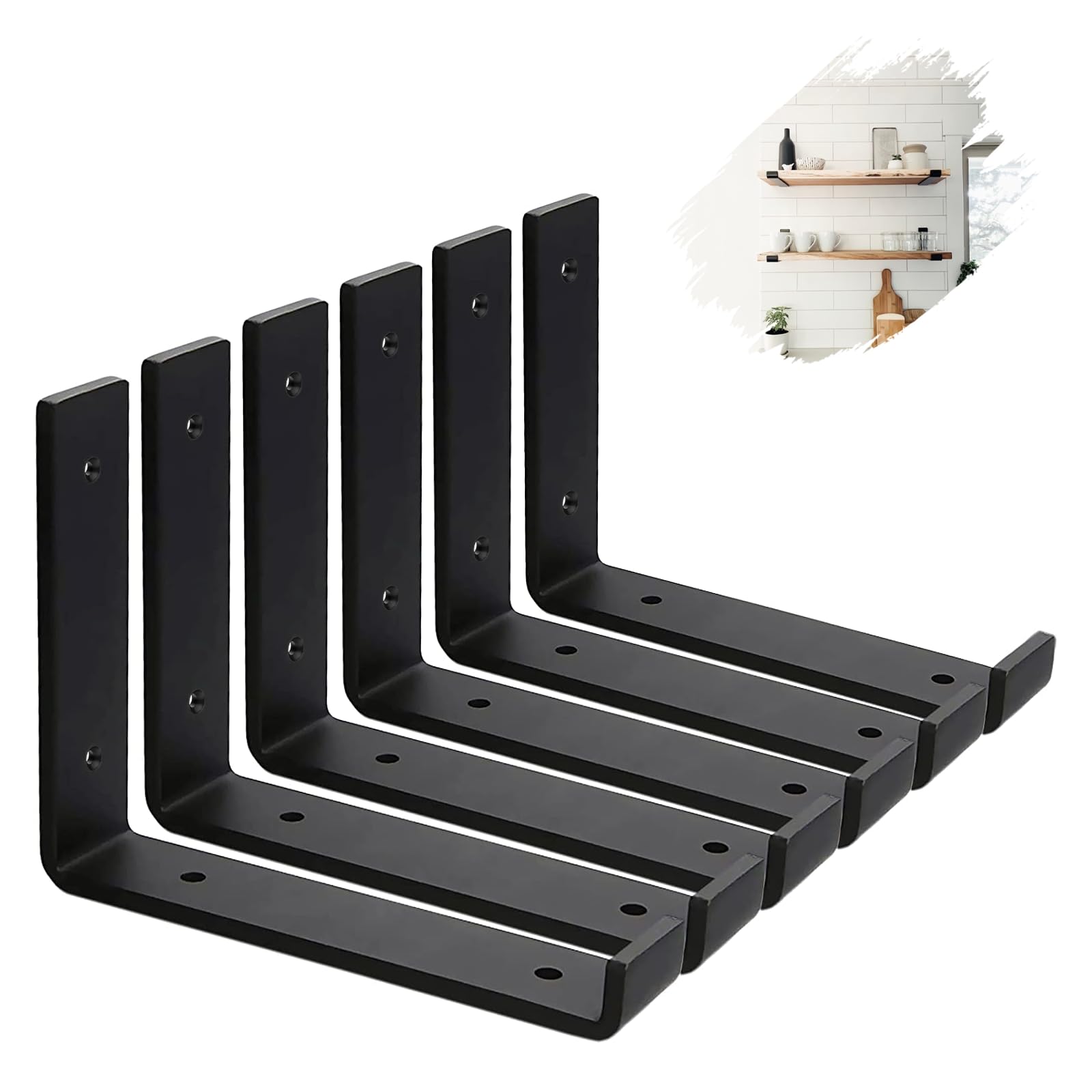 MLOQI 6 Pack Scaffold Board Shelf Brackets with Lips, 5mm Thick Heavy Duty L Wall Brackets for Shelves, Black Industrial Shelves Support (8"x6"/20cm x 15cm)