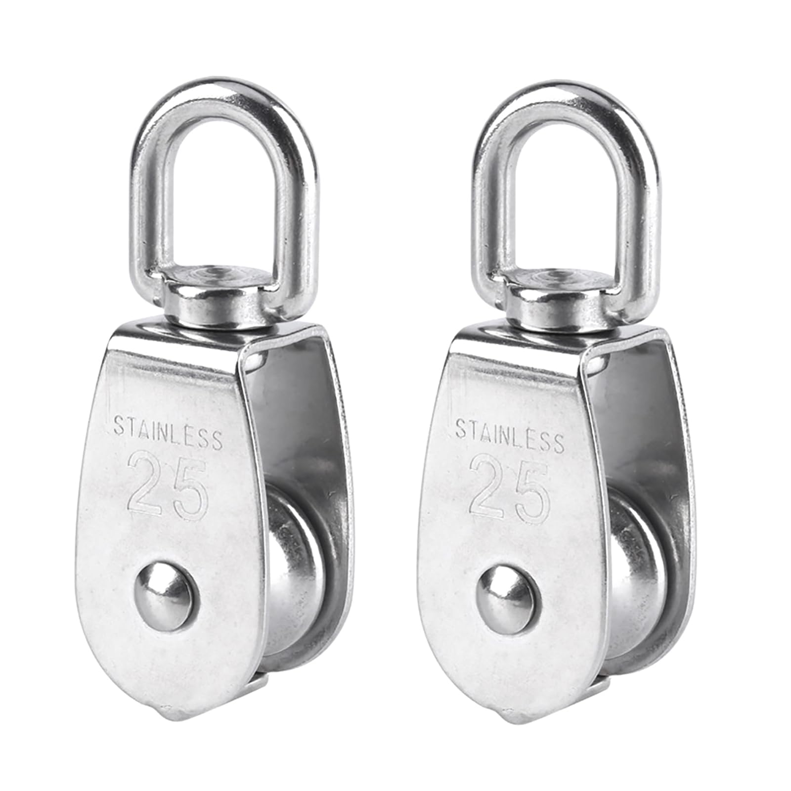 BuxiuGK 2 Piece 25 mm Single Pulley Block Heavy Duty Pulley Roller in 304 Stainless Steel Suitable for Rope or Cord in Indoor and Outdoor Loading 150kg - Silver