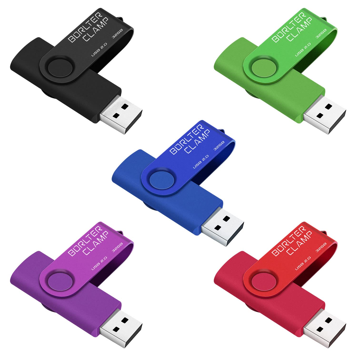 BorlterClamp 32GB USB Flash Drive 5 Pack USB 2.0 Drive Pack Bulk Swivel Memory Stick Colorful Thumb Drive USB Storage Pen Drive, Black/Purple/Blue/Green/Red