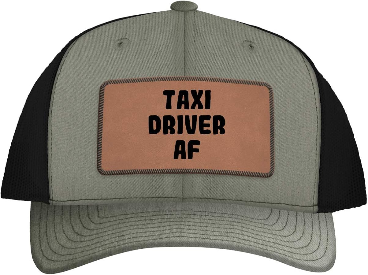 Taxi Driver AF Leather Dark Brown Patch Engraved Trucker Hat, Heather