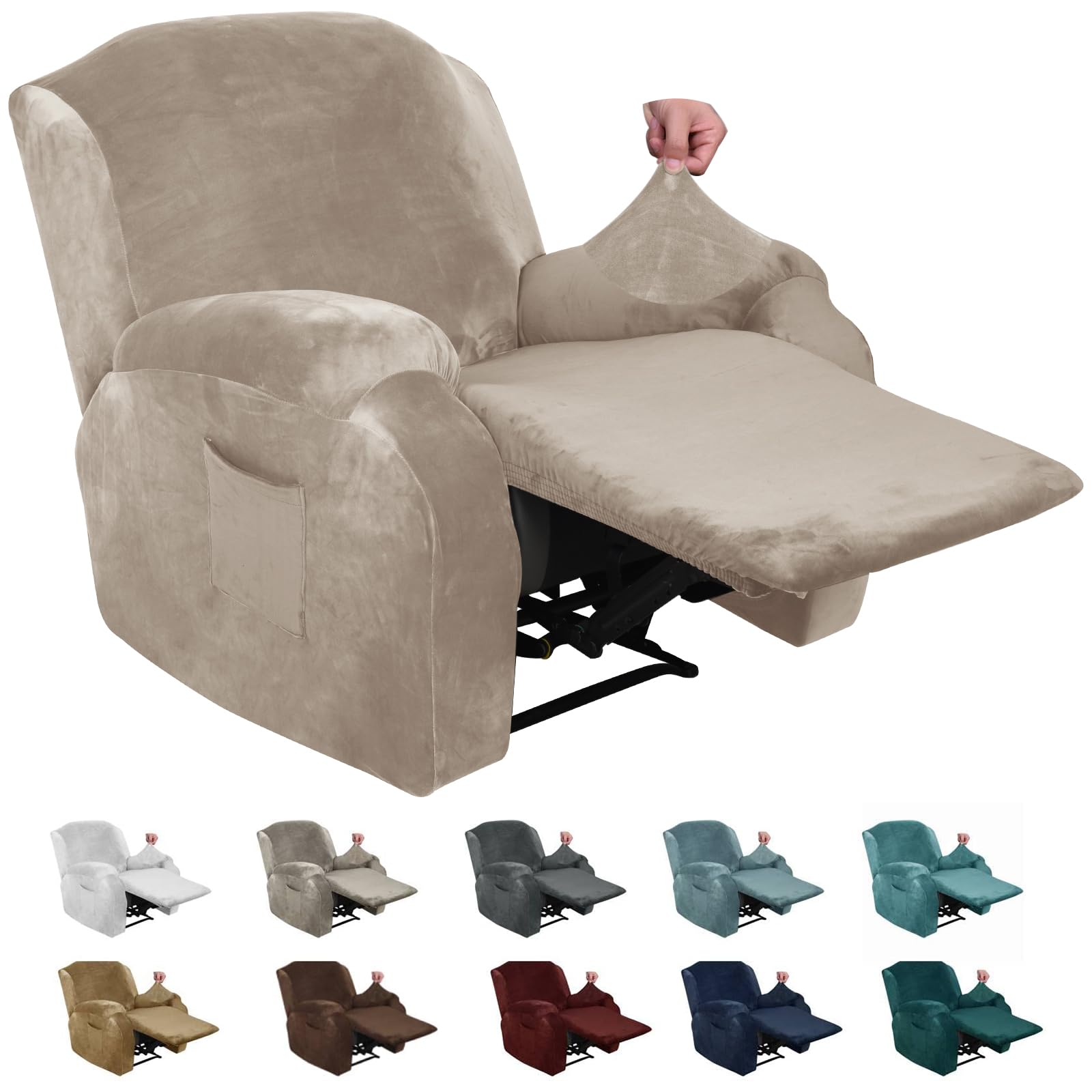 XINEAGE 4 Pieces Velvet Recliner Slipcover Stretch Recliner Chair Cover with Side Pocket Anti-Slip Fitted Recliner Cover Couch Furniture Protector with Elastic Bottom (Recliner, Khaki) — image 1