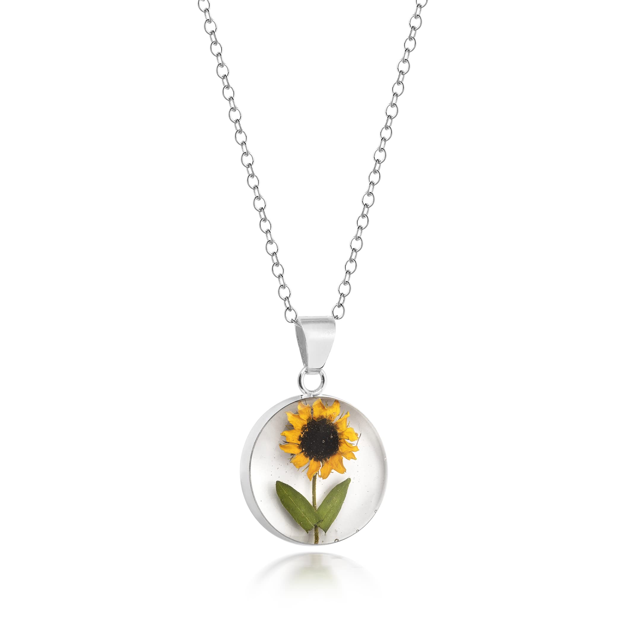 Sunflower round Pendant medium Made with a real Sunflower and set in Sterling silver and resin by Natural Flower Jewellery