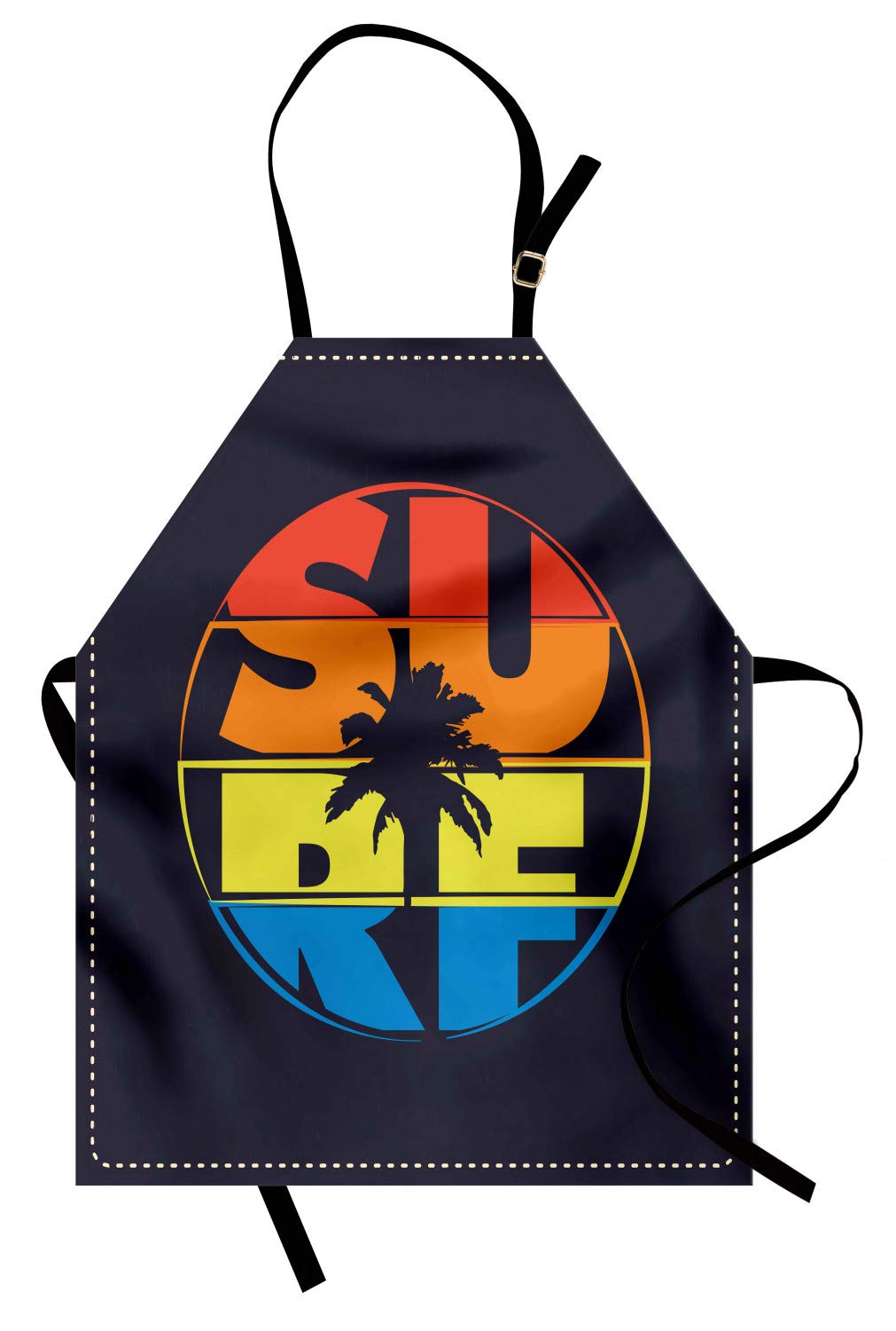 ABAKUHAUS Modern Apron, Surf Typography in Rainbow Colors Featured with Palm Tree Silhouette Illustration, Unisex Kitchen Bib Apron with Adjustable Neck for Cooking Baking Gardening, Multicolor