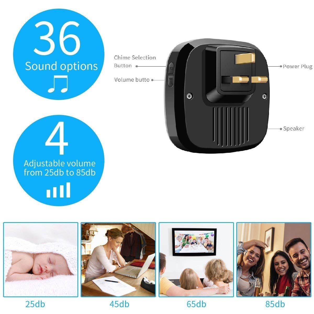 Wireless Doorbell, Waterproof Door Bell, Twin Wall Plug-in Cordless Chime, 300m/1000ft Range, 36 Melodies to Choose, 4 Level Volume & Flashing LED Light