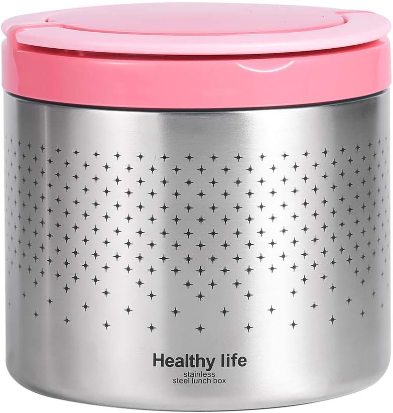 Vacuum Insulated Thermos Food Jar 34 Ounce Lunch Thermos with Handles, Portable Stainless Steel Lunch Box Containers, Stay Hot for 5h Cold for 10h, Pink