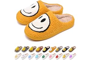 AIMINUO Women's Men's Retro Preppy Happy Face Slippers Comfy Warm Plush Slip-On House Slipper for Winter Indoor Soft Cushion Non-slip Fluffy Slides Slippers