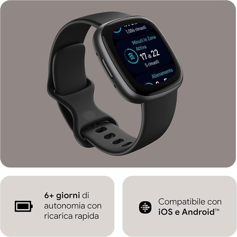 Versa 4 Smartwatch per il fitness con abbonamento Google Health Premium di 3 mesi incluso, fino a 6 giorni di autonomia e compatibile con iOS & Android, Nero / Alluminio grigio grafite