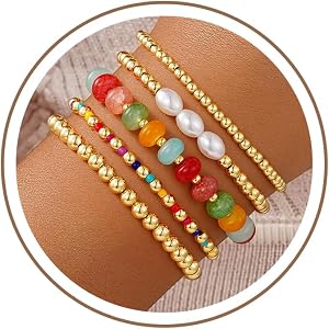 Turandoss 5PCS Colorful Beaded Stretch Bracelets Set for Women Girls Gifts | 14K Gold Plated 7 Inch Resin Stackable Beaded Br