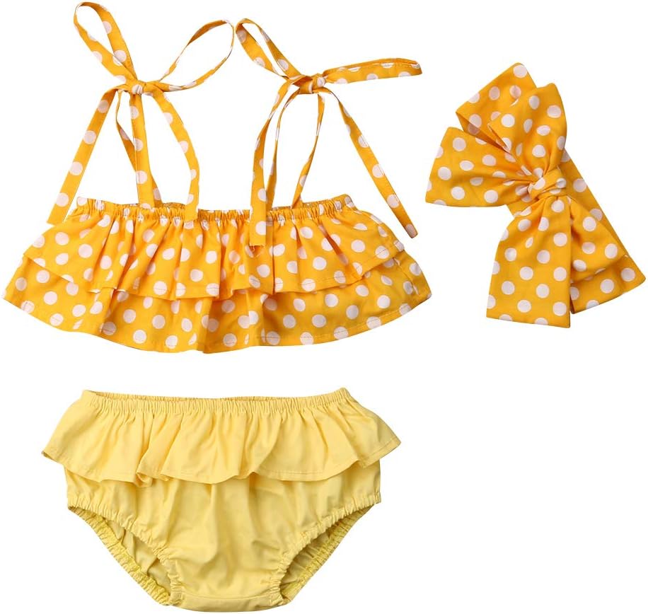 bebiullo 3PCs Baby Girl Swimsuit Polka Dot Off Shoulder Tube Top Ruffle Pleated Bottom Bowknot Bikini Tankini Bathing Suit