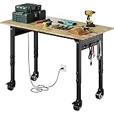 48 "Adjustable Workbench with Power Outlet,Heavy Duty 2000 LBS Work Bench with Wheels, and Pegboard,Mobile Work Table Suitable for Workshop, Office, Garage, Home