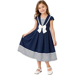FKKFYY Girls Sailor Dress Striped Uniform Style Dress with Bow Summer Casual Outfit for 4-10Y Girls