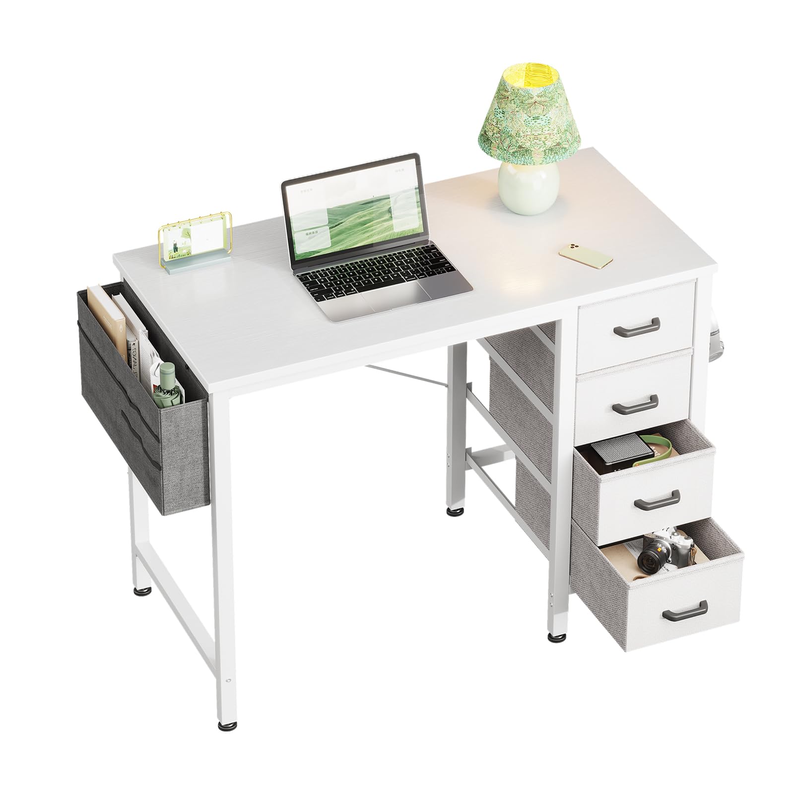 Photo 1 of **USED**Casaottima 32 inch Small Computer Desk with 4 Fabric Drawers, Side Hook and Cloth Bag, Kids Study Table for Bedroom and Small Space, Pure White