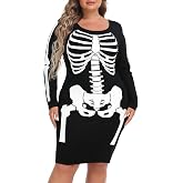 HDE Womens Plus Size Skeleton Dress Fun Spooky Halloween Costume Stretchy Long Sleeve Midi Bodycon Dress Fitted Party Outfit