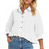 Cicy Bell Womens Cropped Button Down Shirts 3/4 Length Sleeve Casual Cotton Blouses Loose Fit Ruffle Hem Tops