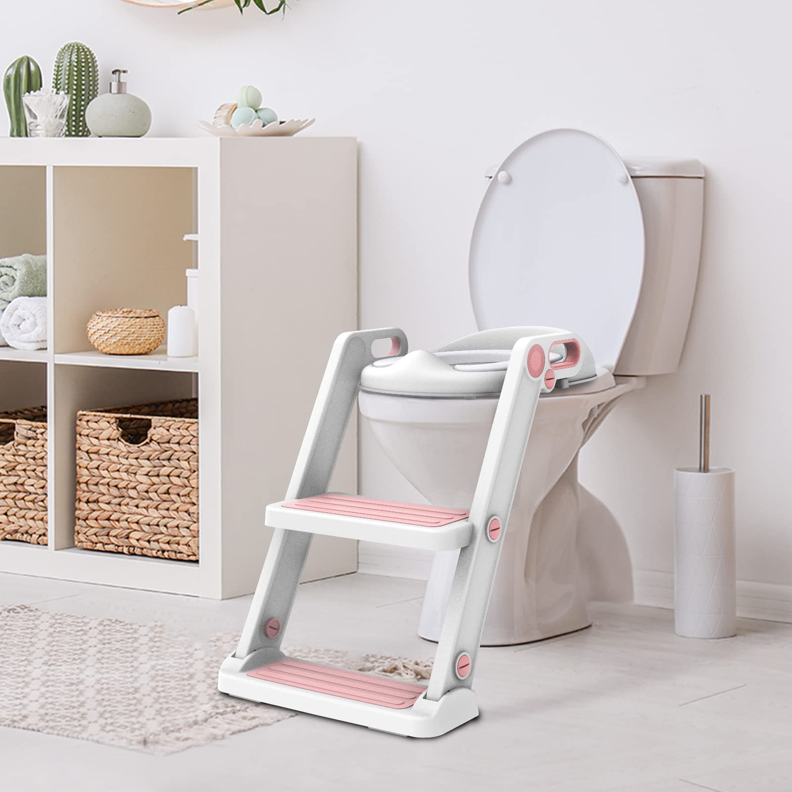 Victostar Potty Training Seat with Step Stool Ladder, Foldable Potty Training Toilet for Kids Boys Girls Toddlers-Comfortable Cushion Safe Handle Anti-Slip Pads