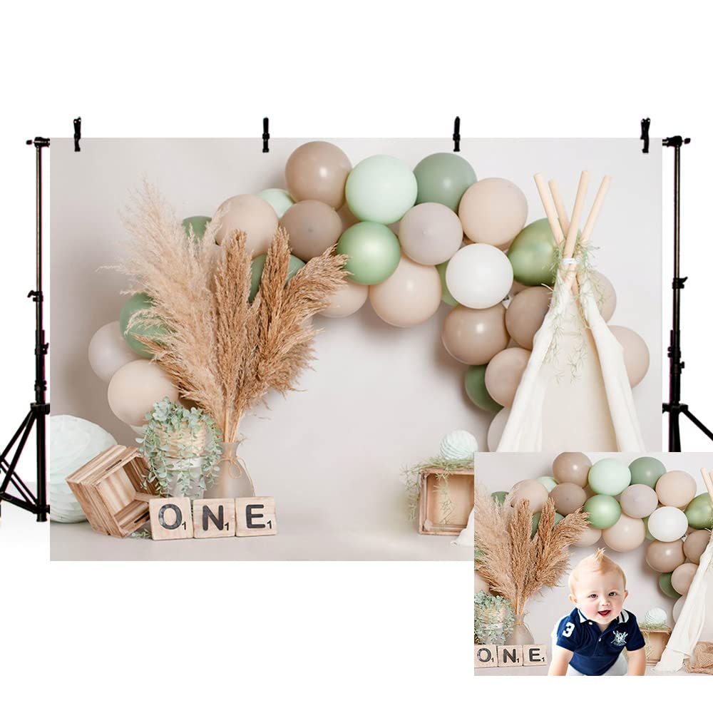 MEHOFOND 8x6ft Boho Theme Boy 1st Birthday Photography Background Bohemian Style Tent Balloon Kids Party Banner Photo Booth Studio Decoration Newborn Portrait Photoshoot Backdrop