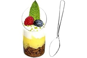 DLux 32 x 2.5 oz Mini Dessert Cups with Spoons, Slanted Round - Clear Plastic Parfait Appetizer Cup - Small Reusable Serving 