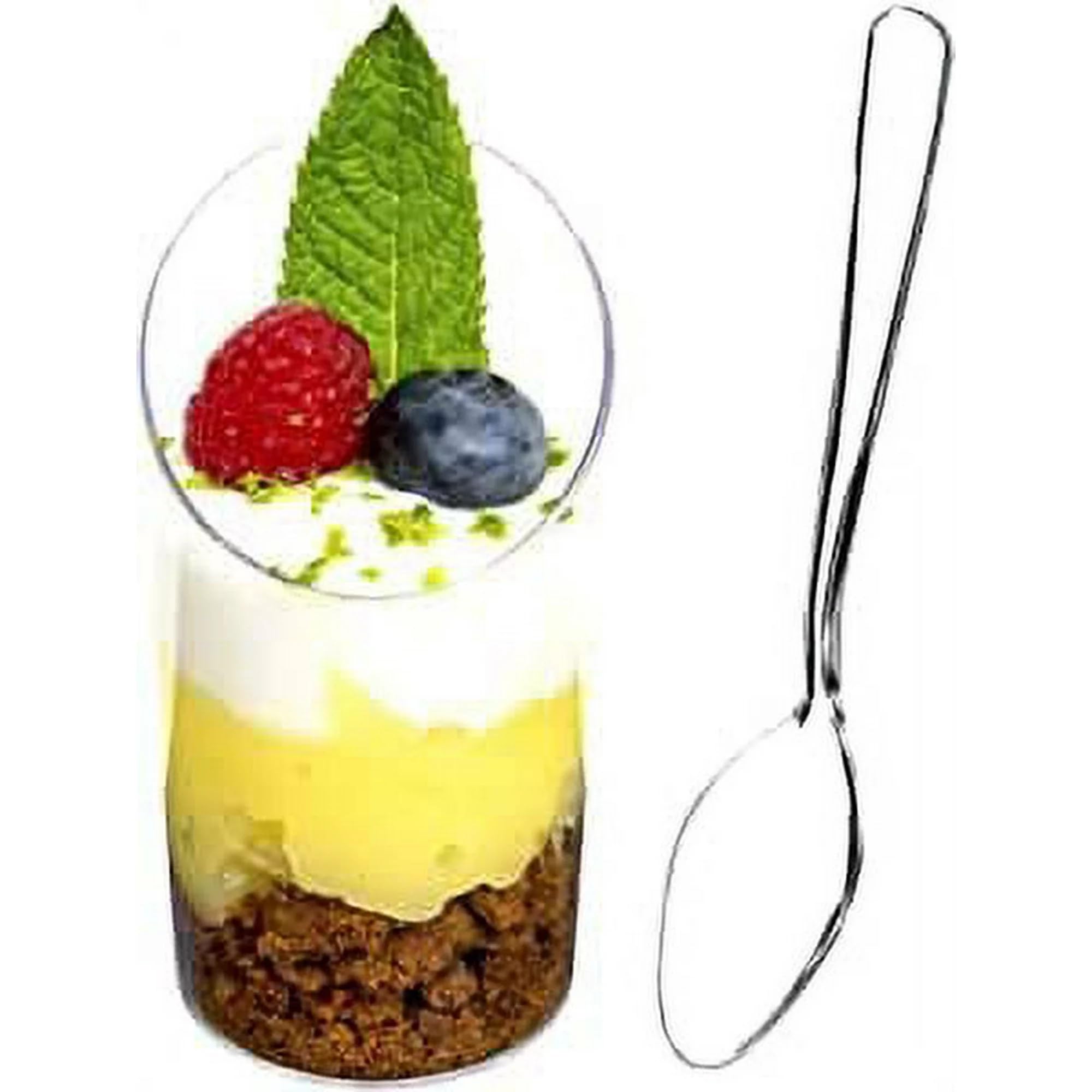 DLux Dessert Cups with Spoons, 75 ml 32 Pcs - Clear Plastic Parfait Appetizer Cups, Slanted Round Reusable Shot Glass Bowl for Party Desserts Appetizers - with Recipe Ebook