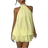 GORGLITTER Women's Halter Ruffle Mini Dress Sleeveless Open Back Chiffon Pleated A Line Wedding Guest Going Out Dresses