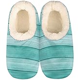 Diskapl Fuzzy House Slippers for Women Men Indoor Outdoor,Warm Soft Comfy Memory Foam Closed Back Slipper Non-Slip Shoes,Watercolor Light Teal Wood Barn Stripes