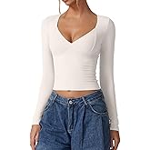 QINSEN Women's Long Sleeve V Neck T Shirts Double Lined Crop Top Seamed Cup Going Out Tops
