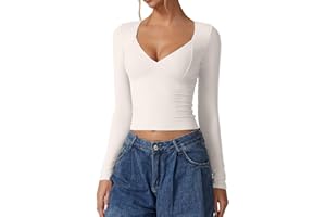 QINSEN Women's Long Sleeve V Neck T Shirts Double Lined Crop Top Seamed Cup Going Out Tops