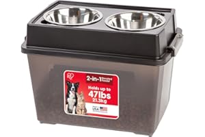 IRIS USA Elevated Dog Bowls, 15" H Raised Bowl for Large Dogs, Airtight Pet Food Storage Holds Up to 47 Lbs, 2 Removable 64 oz Stainless Steel Bowls, at Home or Camping, Smoke/Black