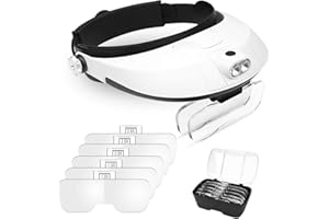 AZFUNN 1X to 6X Headband Magnifier, Head Mount Magnifying Glass with LED Light for Close Work Jewelers Loupe Eyelash Extensions Watch Repair Reading
