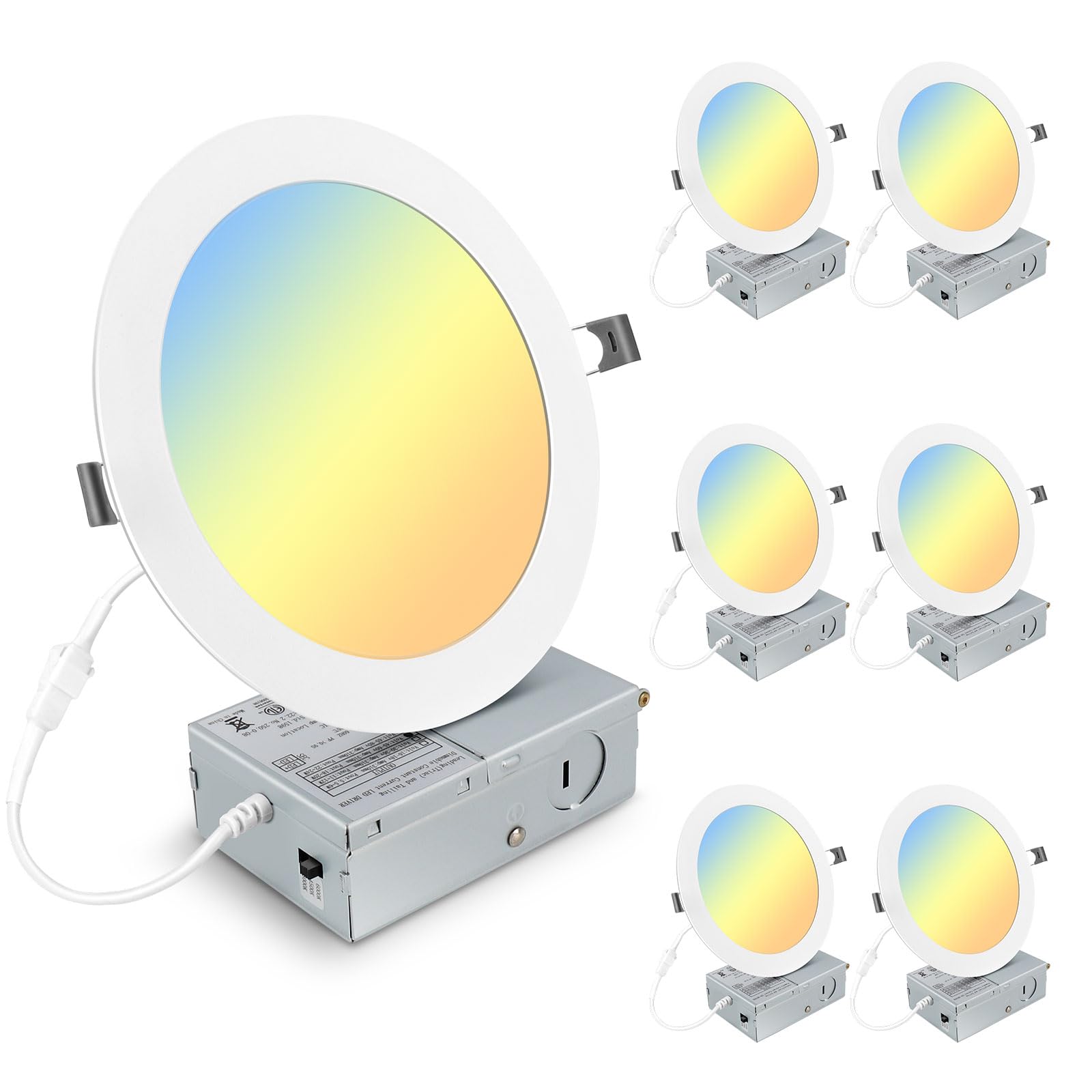 Photo 1 of Elaruslux 6 Pack 7 Inch 3CCT Ultra-Thin LED Recessed Light with Junction Box, 3000K/4500K/6000K Selectable, 18W Eqv 125W, Dimmable Ceiling Lights 1600LM Brightness Canless Wafer Downlight