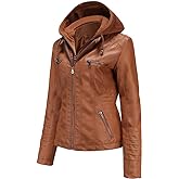 Tagoo Faux Leather Jacket Women Motorcycle Coat for Biker with Removable Hood Plus Size
