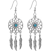 Blue Turquoise Dream Catcher Feather Earrings for Women Vintage Bohemian Western Jewelry Native American Indian Dream Catcher Feather Dangle Earrings