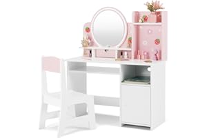 JOYLDIAS Kids Vanity with Lights, Pink Girls Makeup Vanity with Open Bookshelf, Storage Cabinet & Shelves, 2 in 1 Toddler Vanity Desk and Chair Set, Dressing Table for Kids 3+
