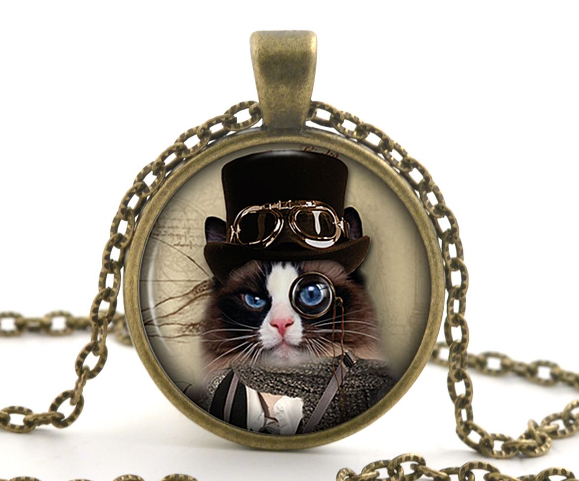 Steampunk Black and White Cat Necklace Pendant, Vintage Bronze Animal