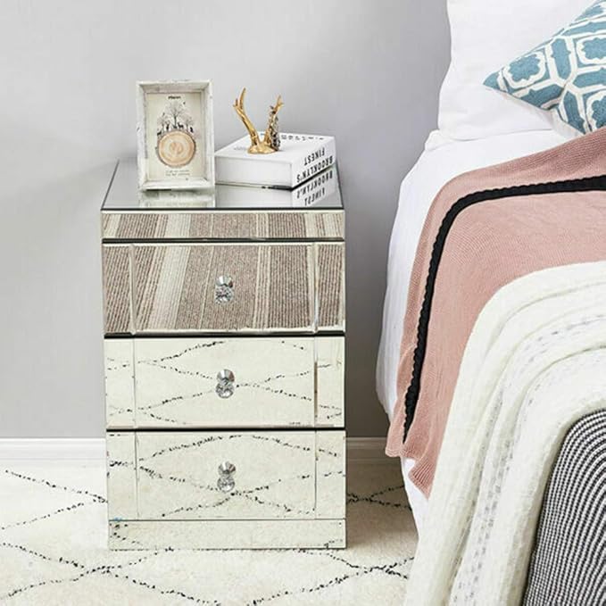 Storeinuk Luxurious Mirrored Furniture Glass 3 Drawers Bedside Cabinet Table Bedroom Nightstand Home Furniture H58cm X W40cm X D40cm Amazon Co Uk Kitchen Home