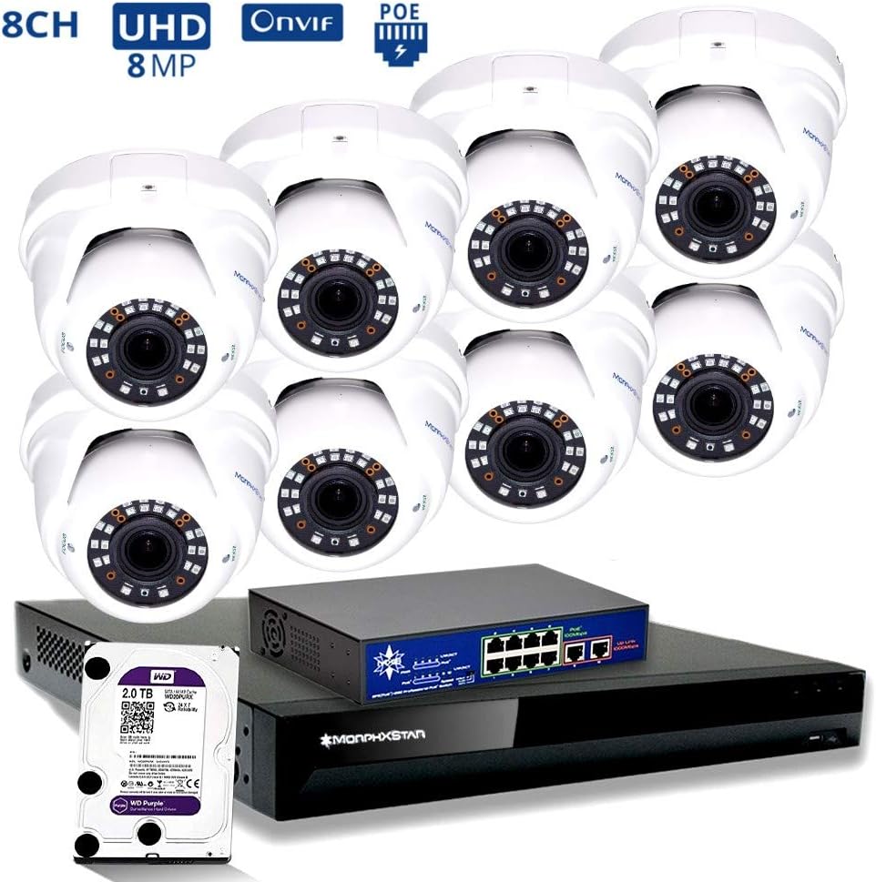 MorphXStar 8CH 4K NVR Network IP Security Camera System - 8 x HD 1944P 5MP 2.7-13.5mm Wide Angle Lens 120ft IR PoE IP Eyeball Camera + 2TB Hard Drive + 8 Ports PoE Switch