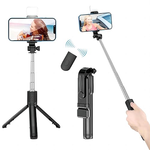 Selfie Stick with Fill Light, Extendable Selfie Stick Tripod with