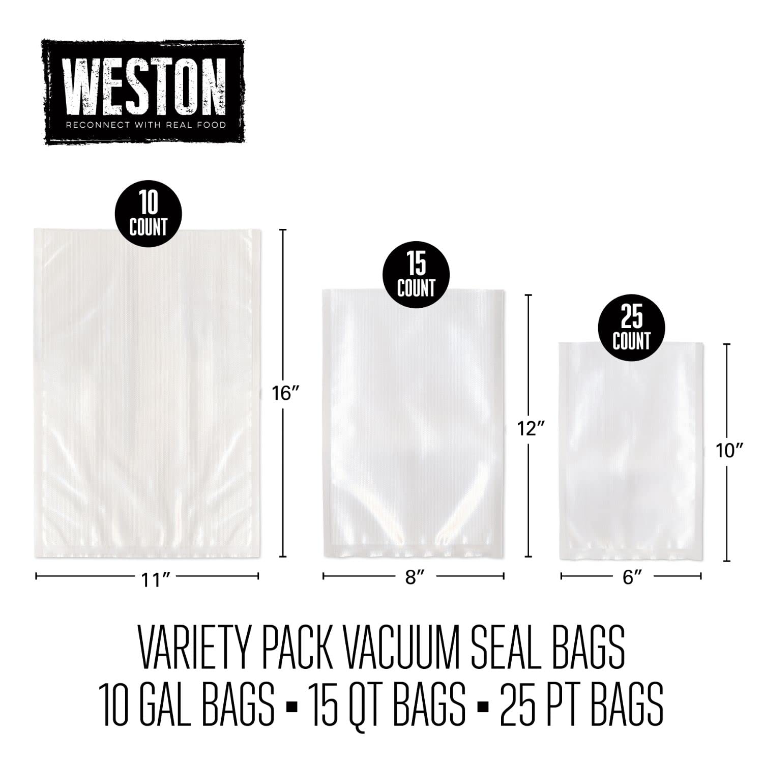 Weston Vacuum Sealer Bags, Variety Pack, 50 count, 2 Ply 3mm thick, for NutriFresh, FoodSaver & Other Heat-Seal Systems, for Meal Prep and Sous Vide, BPA Free, (30-0107-W)