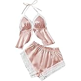 SOLY HUX Women's Satin Pajamas 2 Piece Lace Sleepwear Silky Halter Top and Shorts Pj Set Nightwear