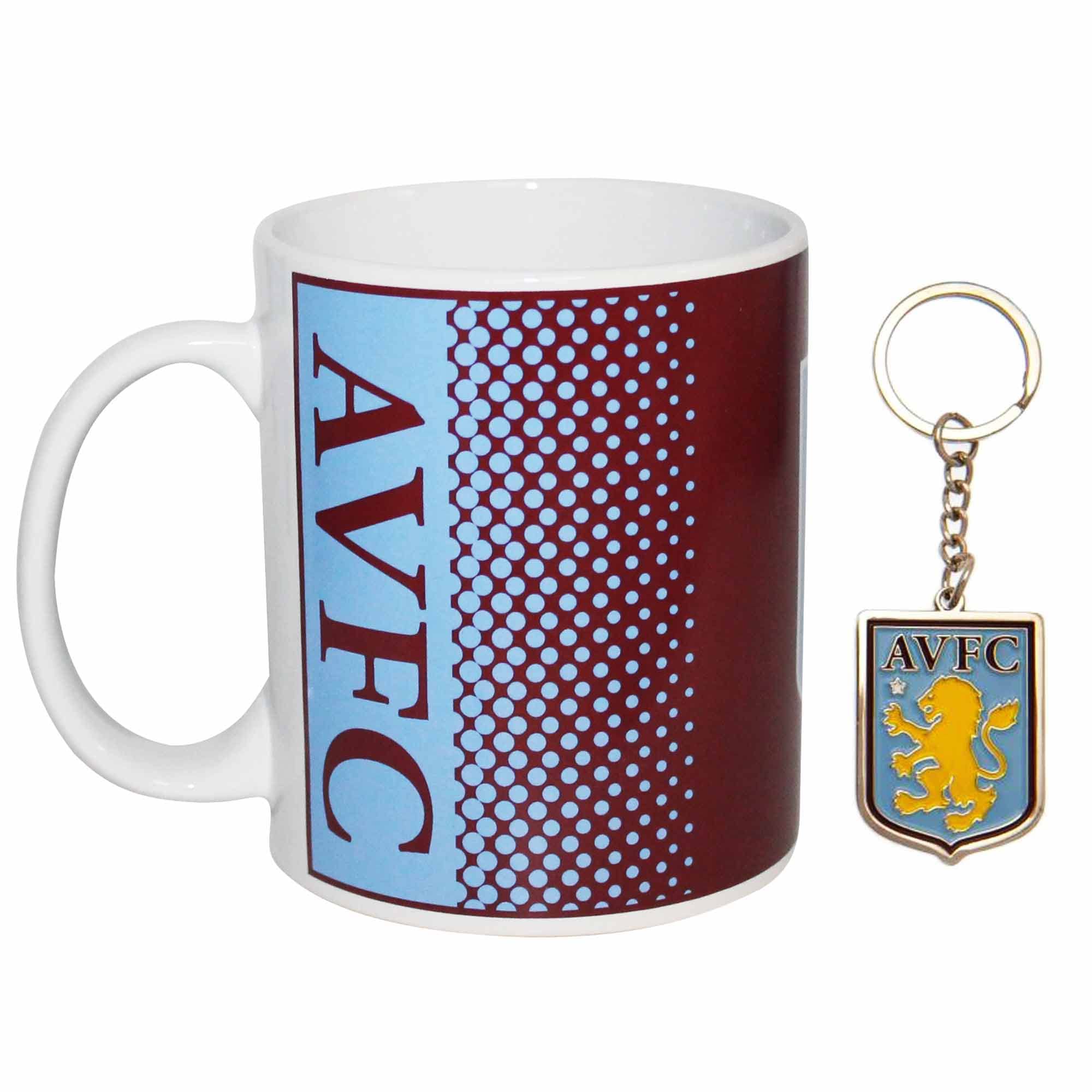 Aston Villa F.C. Aston Villa Official Football Crest Ceramic Coffee Cup & Keyring Gift Set, 325 Milliliters, 2 Piece Set, White, Reusable, Dishwasher Safe