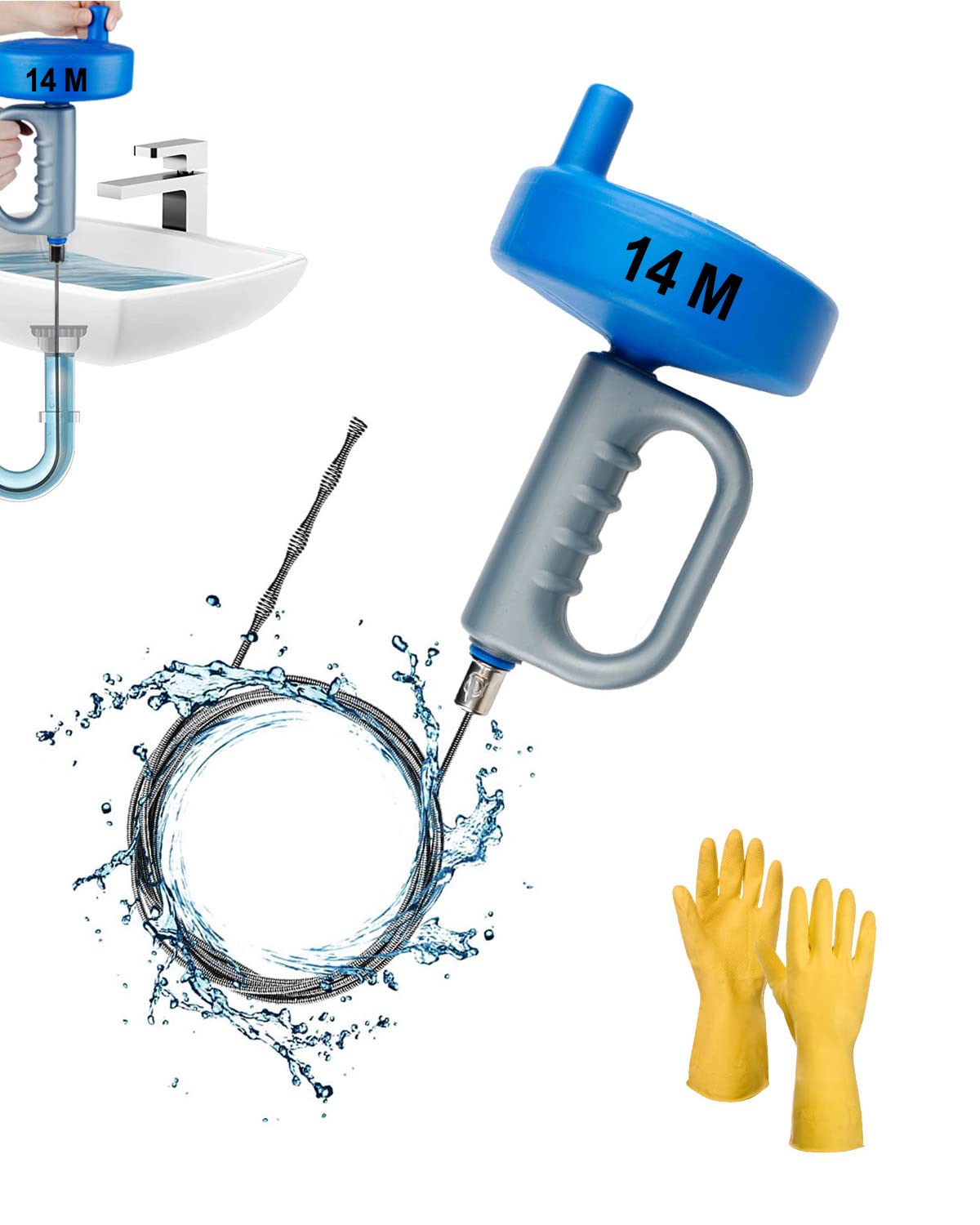 Professional Toilet Snake, 14 M*5mm Drain Auger, Effective Unblocker Tool for Bathtub/Shower/Kitchen/Floor Drains (Blue)