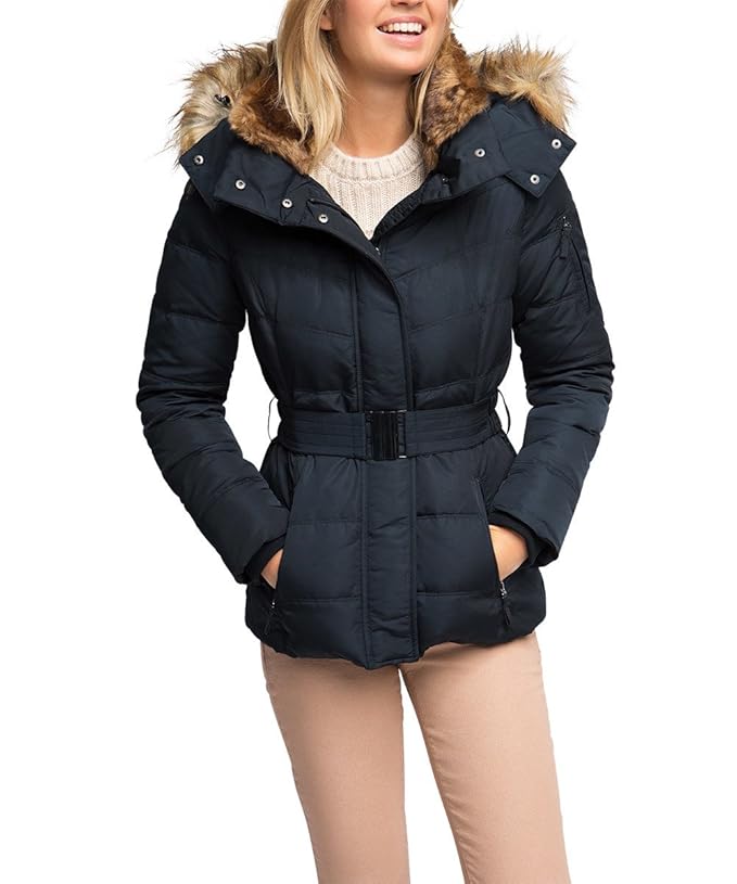 ESPRIT Women's Belted FauxFur Hood Down Jacket, Navy, Size 12