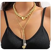 Chunky Gold Puffy Heart Statement Lariat Necklace for Women,Vintage Layered Link Chain Love Pearl Y Pendant Necklace,Trendy Jewelry Accessories Gifts