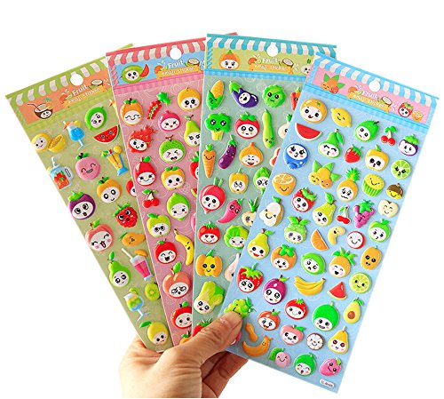 4 Sheets Cute Lovely Puffy DIY Decorative Adhesive Sticker Tape/Kids Craft Scrapbooking Sticker Set for Diary, Album (Vegetables+Fruits-1)