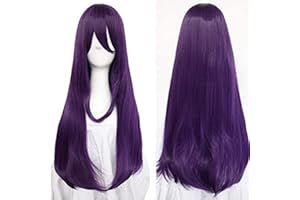 ANOGOL Hair Cap+32Inch/80cm Long Purple Wig with Bangs for Women Anime Cosplay, Peluca Morada Larga Para Mujer Straight Women Wig for Halloween Costumes Cosplay Party