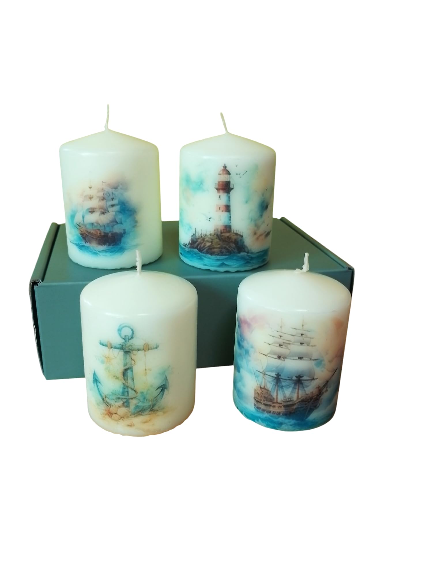 Pillar unscented Wax Candle Set of Four Nautical-Themed Lighthouse Ship Anchor Ocean Relax Meditation Home Decor with Gift Box Romantic Festive Cozy