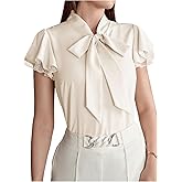 OYOANGLE Women's Elegant Chiffon Blouse Bow Tie Neck Ruffle Cap Sleeve Work Office Top