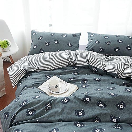 Vougemarket Cute Bear Printed Duvet Cover Set King 100% Cotton,Reversible Printed Striped Pattern Bedding Set for Adults and Teens -King,Bear