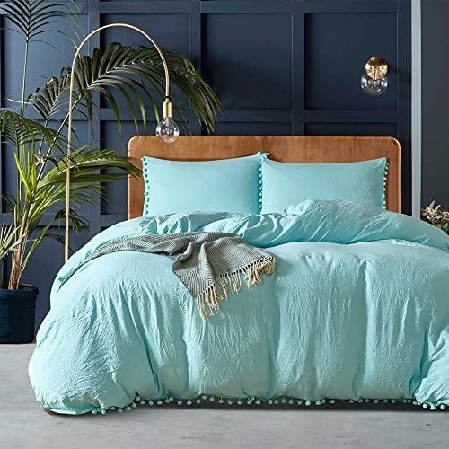 AngleKK 3 Pieces Natural Washed Cotton Duvet Cover Set Tiffany Blue (1 Comforter Cover 2 Pillowcases)Cotton Balls Edge Design King Size A2