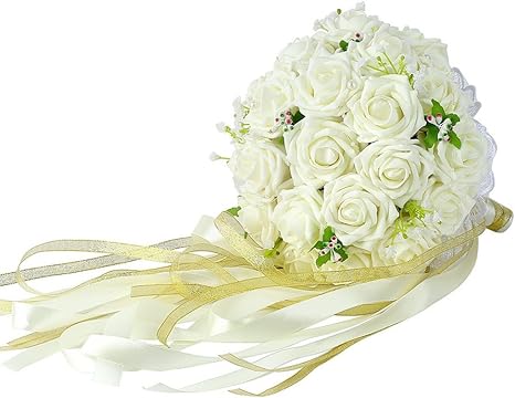 Amazon Com Febou Wedding Bridal Bouquet Wedding Bride Bouquet Wedding Holding Bouquet With Artificial Roses Lace Pearl Ribbon Perfect For Wedding Church Party And Home Decor Long Ribbon White Home Kitchen